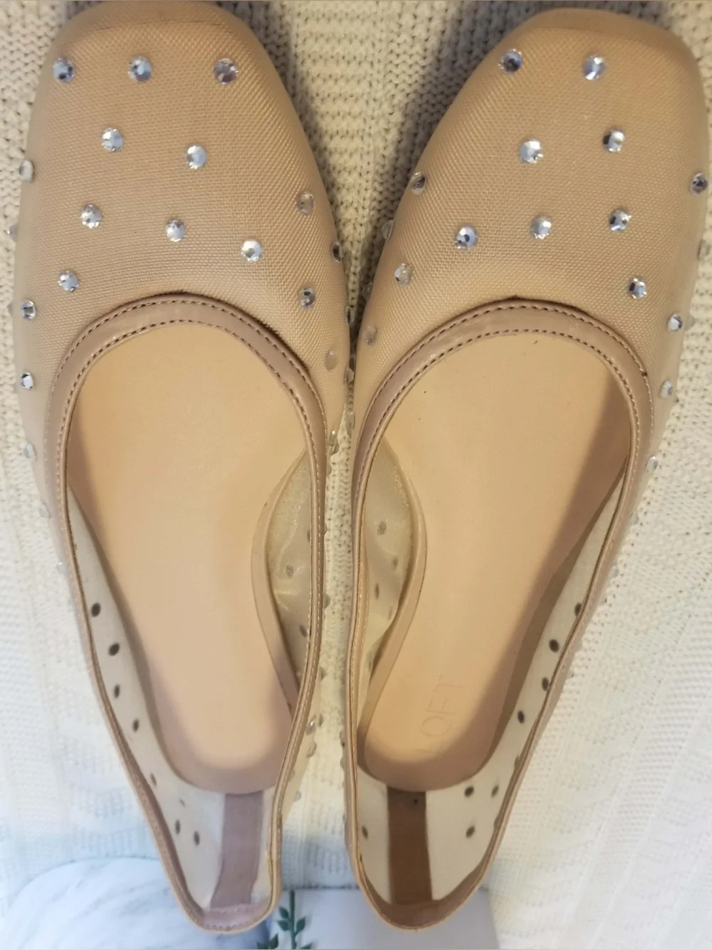Loft Stud-Embellished Leather Ballet Flats in Beige and Black